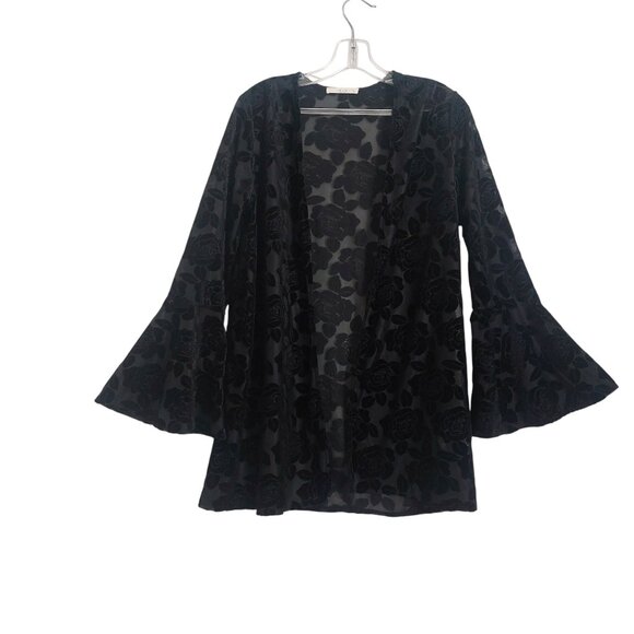 Black Velvet Burnout Floral Kimono Small Sheer Bell Sleeves Goth Romantic New - Picture 2 of 11